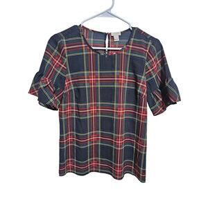 J. Crew Blouse Womens Size XXS Stewart Tartan Plaid Ruffle Short Sleeve Top (851